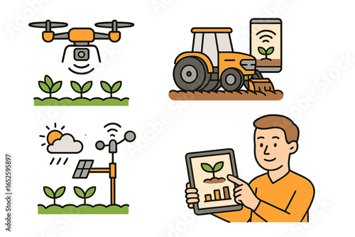 Advanced Agricultural Technology Innovations Using Drones, Smart Machinery, Weather Stations, and Mobile Devices for Efficient Crop Monitoring and Farm Management Vector Cartoon Illustration