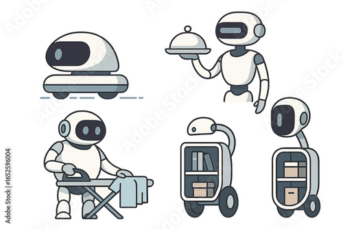 Innovative robot and automated device designs performing diverse everyday tasks, including cleaning, serving, ironing, and carrying, vector cartoon illustration set