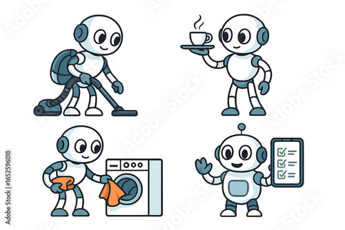 Innovative robot designs performing household chores and daily tasks, cartoon style vector illustration set of four on transparent background