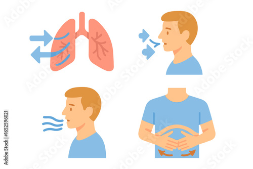 Breathing techniques vector icon set. Man practicing breathwork, inhale, exhale, and diaphragmatic breathing for mindfulness, yoga, and stress relief. Lungs and airflow.