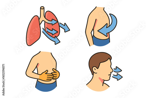 Breathing techniques icon set for breathwork and control. Lungs with airflow, diaphragmatic breathing, inhale, exhale. Vector for yoga, meditation, stress relief, wellness.