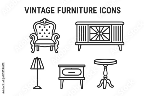Vintage furniture line icon set. Outline vector collection of retro home decor items. Includes classic Victorian armchair, credenza, side table, lamp for interior design.