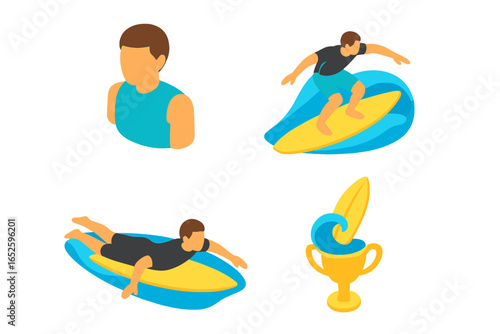 Isometric Flat Surfing Icons Set with Professional Surfer Avatar, Paddling Surfer, Surf Rider, and Surf Trophy Vector Illustration with Waves