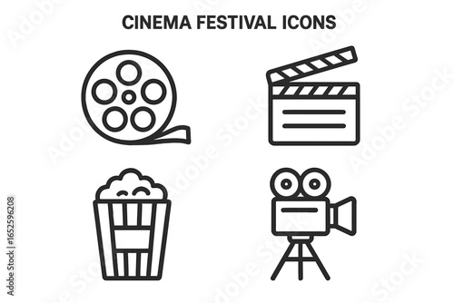 Cinema and movie festival line icon set. Film production and entertainment symbols. Vector collection of film reel, clapperboard, popcorn, and vintage movie camera icons.
