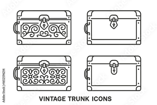 Vintage trunk icons set. Outline collection of antique wooden chests with ornamental carved patterns. Retro treasure box with metal latch. Vector line art illustration.