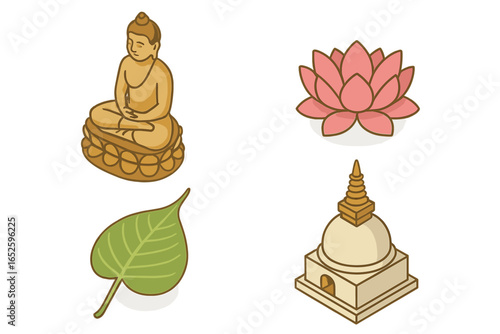 Buddhist symbolism icon set. Isometric vector collection of 4 spiritual symbols: Buddha statue on lotus throne, sacred Bodhi tree leaf, and a religious stupa monument.