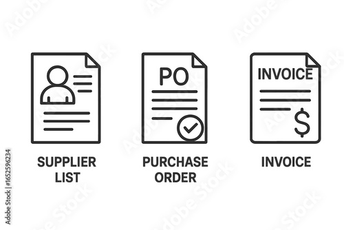 Supplier Icon Set, Outline Style Vector of Supplier List, Purchase Order Form, and Invoice Document for Business and Office Use on Transparent Background