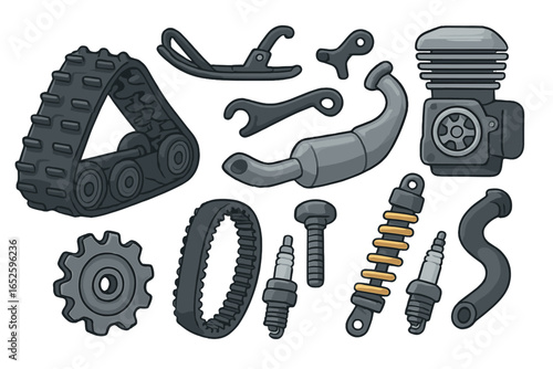 Snowmobile spare parts collection for repair and maintenance. Vector cartoon illustration set with engine, track, ski, and other components for winter sport vehicle service.