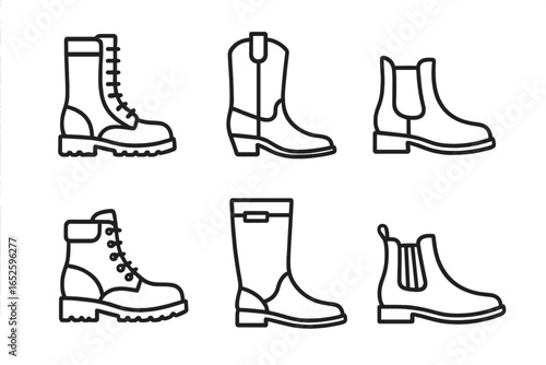 Boot icon set vector collection. Outline graphic design elements of footwear. Includes combat, cowboy, hiking, work, rain, and chelsea boots. Isolated line art symbols.