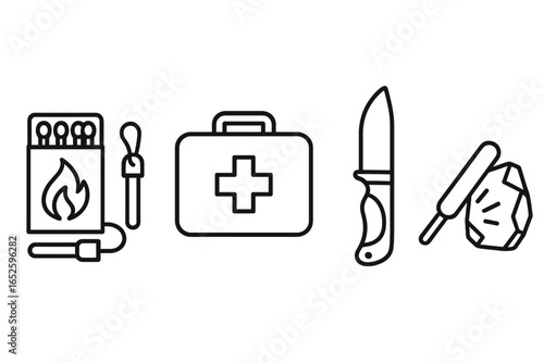 Survival Skills Icons Set, Fire Starting Kit, First Aid Kit, Survival Knife, Flint Stone, Outdoor Adventure Essentials, Camping, Hiking, Emergency Preparedness Vector Illustration