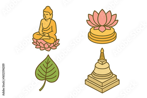 Buddhist symbolism icon set. Isometric vector illustration of Buddha statue, lotus throne, Bodhi tree leaf, stupa. Sacred spiritual symbols of Buddhism and meditation.