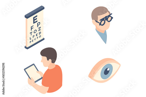 Vision checkup isometric flat icon set. Optometrist with phoropter, patient test, eye chart. Ophthalmology, optometry, eyesight exam, healthcare, medical diagnostic vector concept.