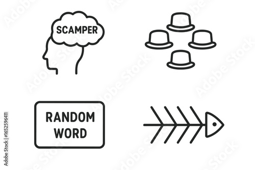 Brainstorming techniques icon set. Outline icons of SCAMPER method, Six Thinking Hats, Random Word, and Fishbone diagram. Business innovation and creativity tools vector.