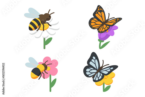 Pollinators and wildflowers icon set. Isometric flat vector illustration of bees and butterflies on colorful flowers. Concept for nature, spring, garden, and ecology.