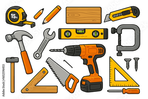 Construction tools icon set for carpentry and DIY home improvement. Handyman equipment for repair and woodworking. Vector cartoon illustration of hammer, drill, saw, level.