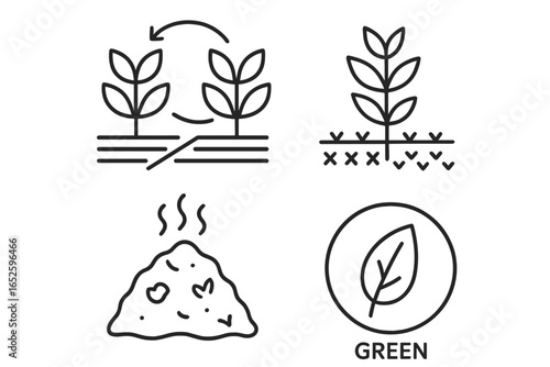 Sustainable Farming Icons, Outline Vector Set of Crop Rotation, Cover Crop, Compost Pile, and Green Leaf Symbols Representing Eco-Friendly Agricultural Practices