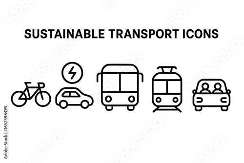 Sustainable Transport Icons Set, Eco-Friendly Mobility Symbols, Green Transportation Vector Illustrations, Bicycle, Electric Car, Bus, Tram, Carpooling, Public Transit Symbols