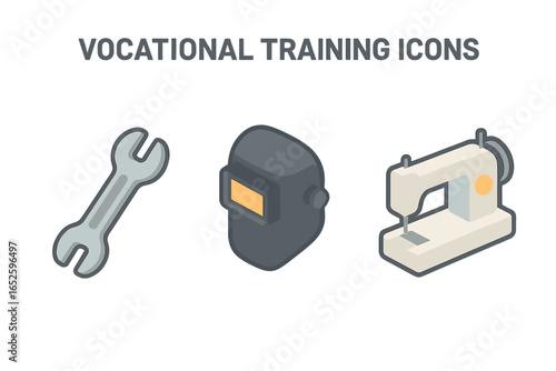Vocational training isometric icon set. Skilled labor and technical education concept. Wrench for mechanic, welding mask for welder, sewing machine for tailor professions. Vector.