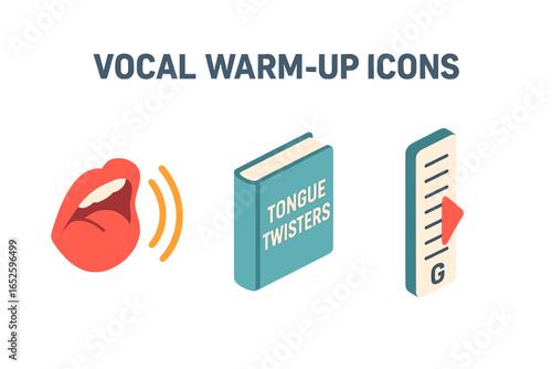 Vocal warm-up exercises icon set for voice training. Isometric vector illustration of singing mouth, tongue twisters book, and pitch scale for speech therapy lessons.