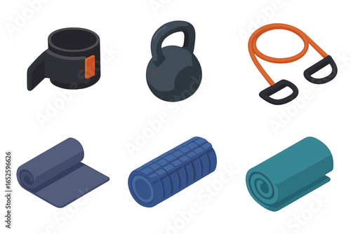 Workout and fitness equipment isometric vector illustration set. Home gym concept icons with kettlebell, yoga mat, foam roller, resistance band, and wrist support wraps.