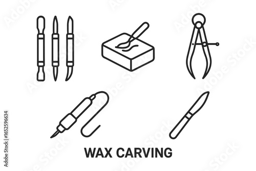 Outline icon set for wax carving, modeling, and jewelry making. Includes carving tools, wax block, calipers, wax pen, sculpting knife. Vector illustration for craft & hobby.