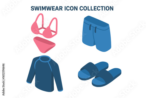 Isometric Swimwear Icon Collection, Flat Vector Set of Bikini, Swim Trunks, Rash Guard, and Pool Sandals for Summer and Beachwear Design