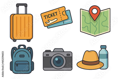 Travel essentials icon set for vacation and tourism. Vector cartoon illustration of journey items like luggage, ticket, map with pin, backpack, photo camera, hat, and bottle.