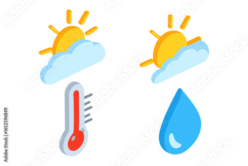 Isometric weather icons set with sun, cloud, thermometer for temperature, and water drop for humidity. Flat 3D vector graphic elements for forecast app or web design.