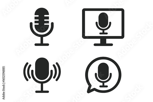 Set of 4 microphone icons for podcast, radio, webinar, and online audio training concept, modern vector illustration of broadcast and voice recording symbols on transparent background