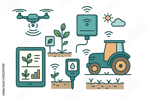 Modern Agricultural Technology with Drones, Sensors, Smart Farming Tools, Digital Monitoring, and Precision Agriculture Vector Cartoon Illustration on Transparent Background