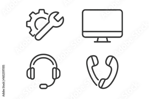 Technical Support Icons Vector Set with Gear, Wrench, Computer Monitor, Headset, and Phone Handset—Outline Design for Customer Service and Helpdesk