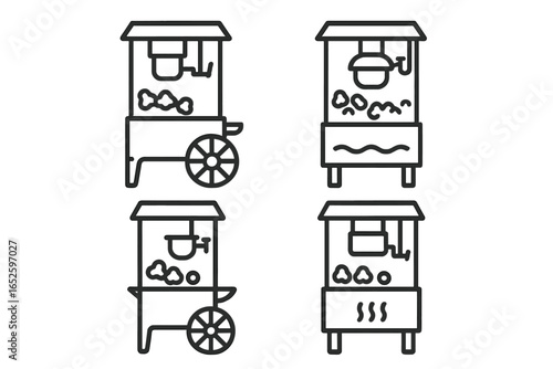 Popcorn machine line icon set. Old-fashioned popper, vintage cart. Cinema, fair, carnival snack food concept. Retro vendor kettle vector outline illustration.
