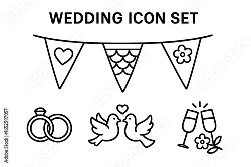 Wedding icon set line art. Marriage celebration vector symbols. Outline collection with rings, doves, champagne toast, and decorative bunting for invitation or design.