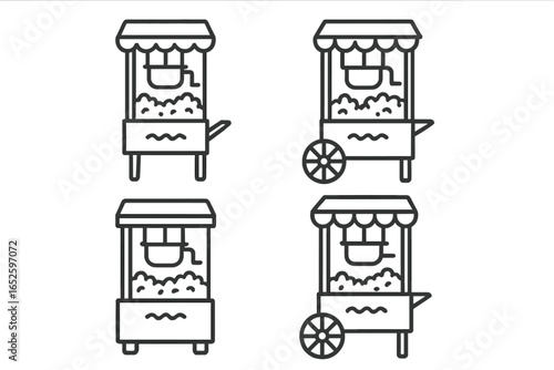 Popcorn machine icon set. Vector collection of old-fashioned popcorn carts and stands. Retro cinema snack food illustration. Outline linear style graphic elements design.