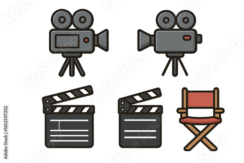Movie Production Icons Set Including Vintage Film Cameras, Clapperboards, and Director’s Chair in Digital Vector Cartoon Style on Transparent Background
