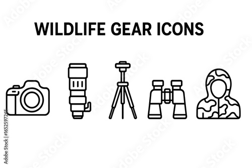 Wildlife photography gear icon set. Line art collection for nature observation, birdwatching, safari. Vector outline of DSLR camera, telephoto lens, tripod, binoculars, camo.