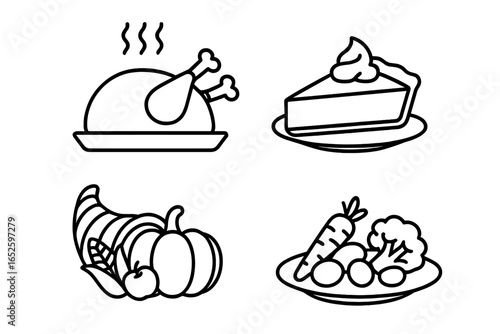 Thanksgiving Feast Icons Outline Vector Set Featuring Roasted Turkey, Pumpkin Pie, Cornucopia with Fruits and Vegetables, and Harvest Vegetables on Plate Illustration