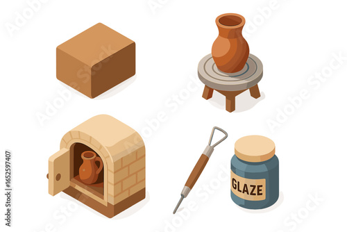 Pottery craft icon set. Isometric ceramics art concept. Clay block, potter's wheel, kiln oven, sculpting tool, glaze jar. Handmade hobby vector illustration symbols.