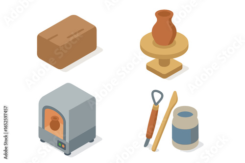 Pottery ceramic art isometric icon set. Hobby craft workshop tools. Clay block, potter's wheel, kiln oven, sculpting tools, glaze. Handmade earthenware vector graphic.