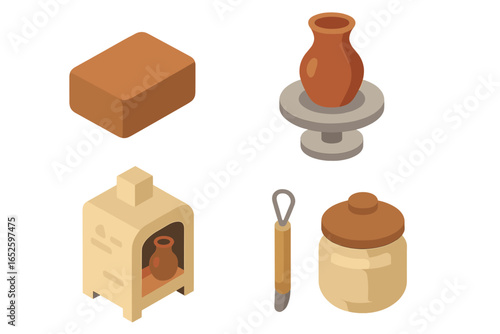 Pottery and ceramics art icon set. Isometric vector illustration of handmade craft process. Clay block, pottery wheel, kiln for firing, sculpting tool and glaze jar.