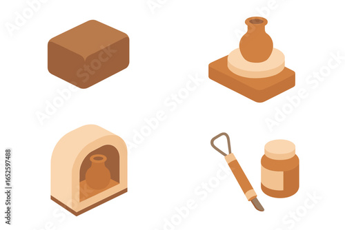 Isometric pottery and ceramics art icon set. Vector illustrations of a creative hobby or workshop. Includes clay block, potter's wheel, kiln, sculpting tool, and glaze.