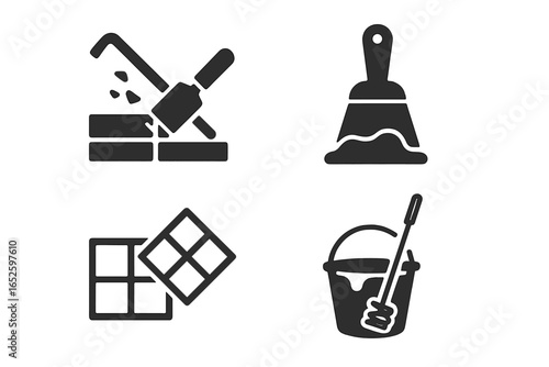 Floor renovation and tiling solid icon set. Vector glyphs for home improvement, including tile removal, adhesive scraper, new tile installation, and grout mixing.