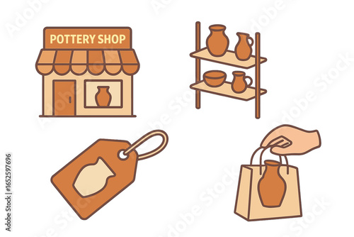 Pottery shop icon set for ceramic business. Vector illustration of storefront, handmade clay craft on display shelf, price tag, and customer shopping bag for retail.