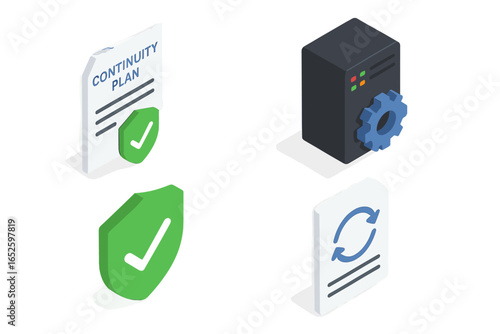 Business continuity plan and disaster recovery process isometric icon set. Includes critical system server, security shield, and update document for risk management strategy.