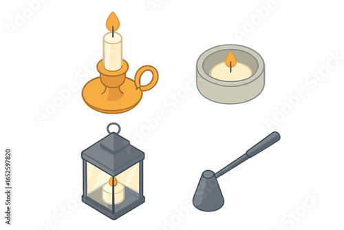 Candle accessories isometric icon set. Vector collection of candlestick holder, tealight, lantern, and snuffer. Flat design elements for home decor, cozy hygge concepts.