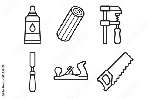 Woodworking tools icon set. Carpentry and joinery equipment collection. Vector line art icons of wood glue, dowel, f-clamp, chisel, hand plane, and saw for DIY craft.