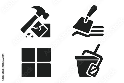 Floor renovation solid icon set. Tiling work process pictograms. Includes tile removal, adhesive scraping, new tile laying, and grout mixing. Vector for construction.