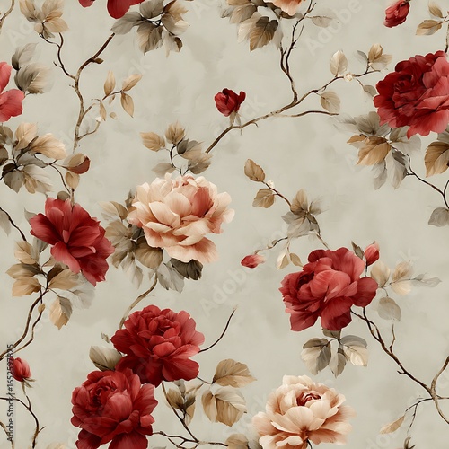 Vintage floral pattern with deep red and blush pink roses and branches image photo