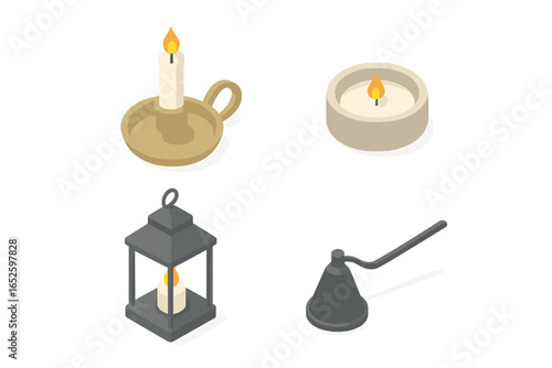 Candle accessories isometric icon set. Vector collection of candlestick holder, tealight, lantern, and snuffer for home decor, hygge, and cozy atmosphere concepts.