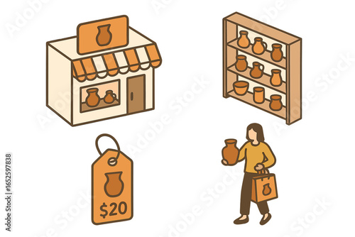 Pottery shop icon set. Isometric vector illustration of a ceramics store, customer shopping for handmade crafts, display shelf with clay pots, and a price tag.